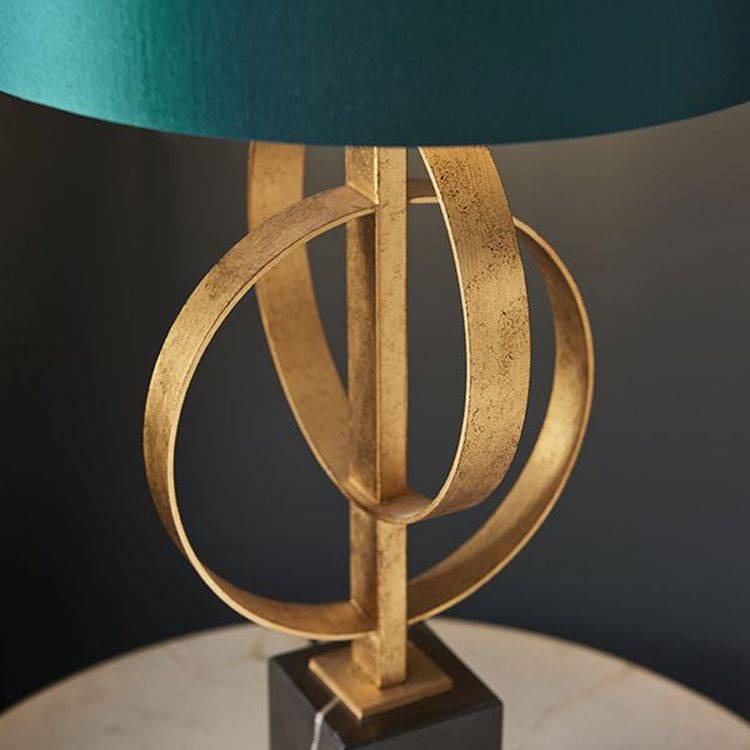 Lena Table Lamp Antique Gold Leaf & Teal Satin Fabric - Comet Lighting