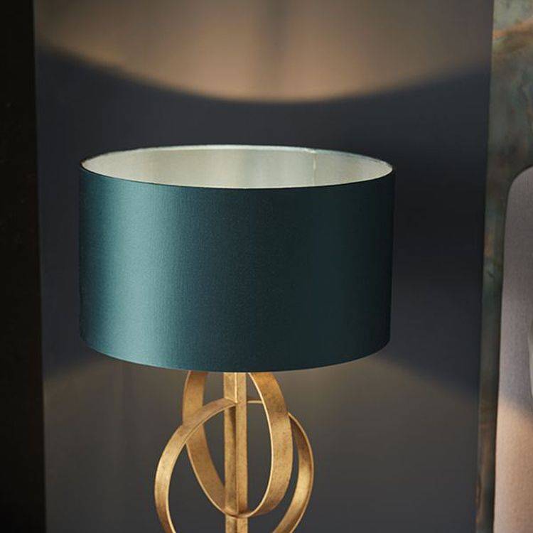 Lena Table Lamp Antique Gold Leaf & Teal Satin Fabric - Comet Lighting