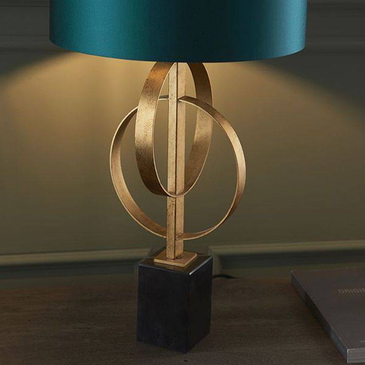 Lena Table Lamp Antique Gold Leaf & Teal Satin Fabric - Comet Lighting