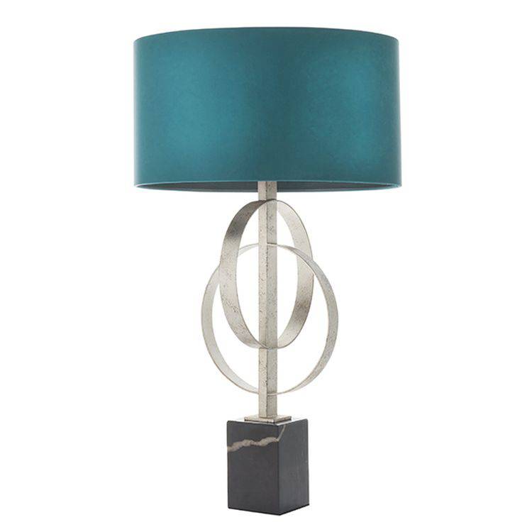 Lena Table Lamp Antique Silver Leaf & Teal Satin Fabric - Comet Lighting