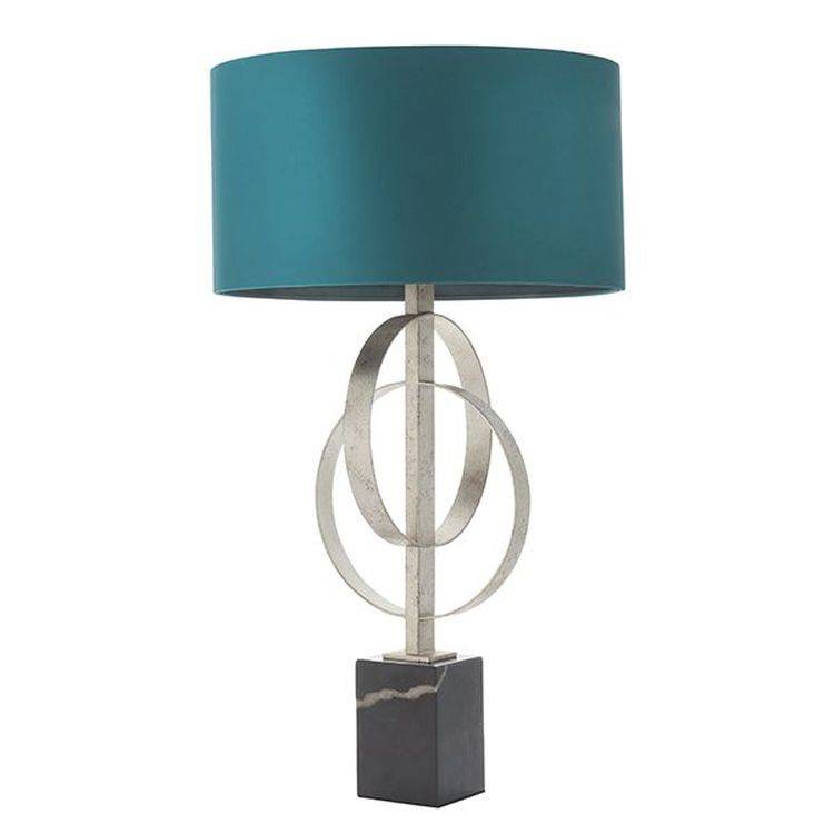 Lena Table Lamp Antique Silver Leaf & Teal Satin Fabric - Comet Lighting