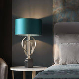 Lena Table Lamp Antique Silver Leaf & Teal Satin Fabric - Comet Lighting