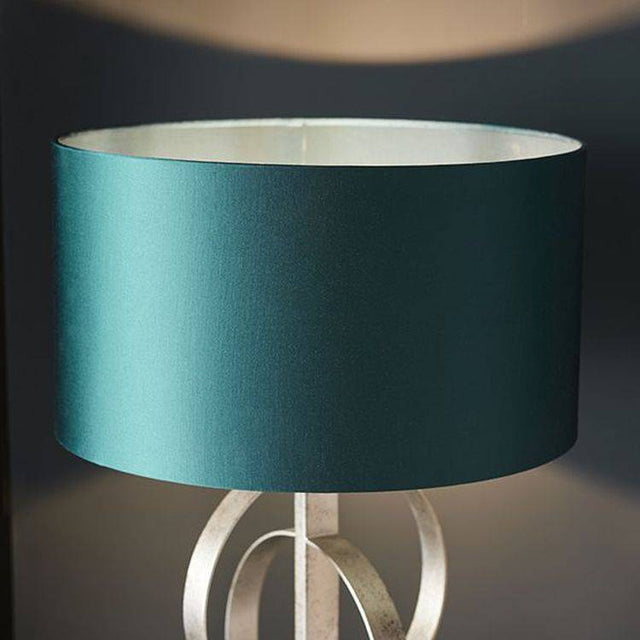 Lena Table Lamp Antique Silver Leaf & Teal Satin Fabric - Comet Lighting