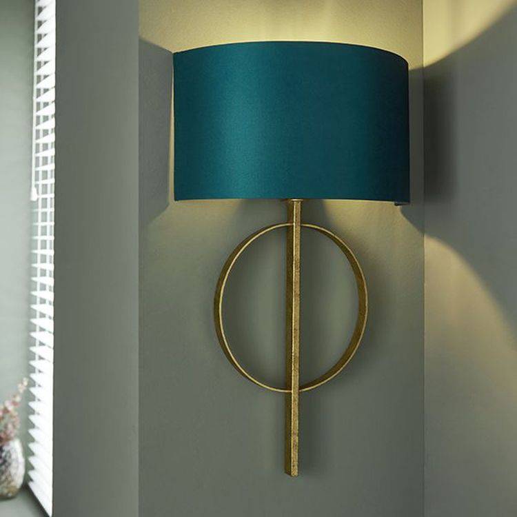 Lena Wall Light Antique Gold Leaf & Teal Satin Fabric - Comet Lighting