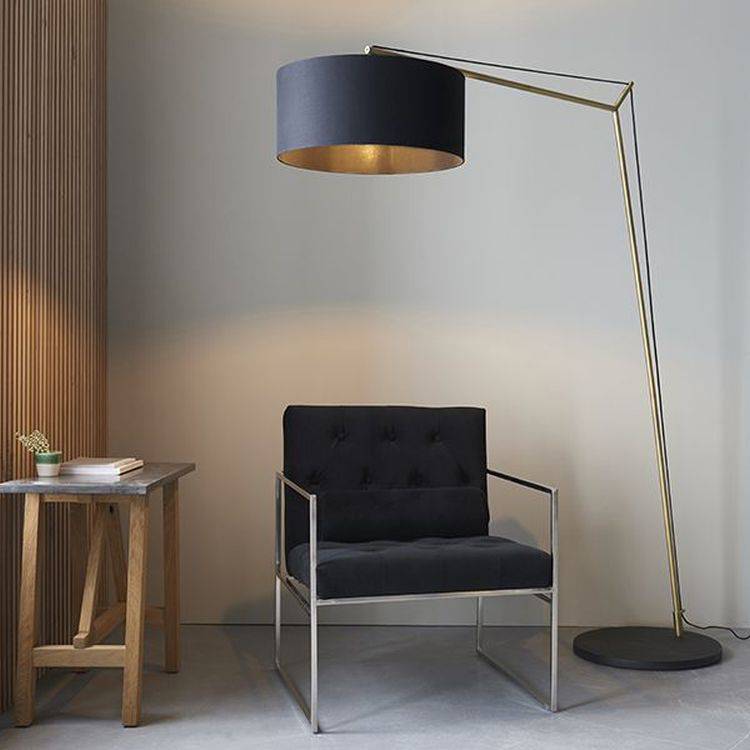 Medway Floor Lamp Matt Brass Plate & Black Cotton Fabric - Comet Lighting