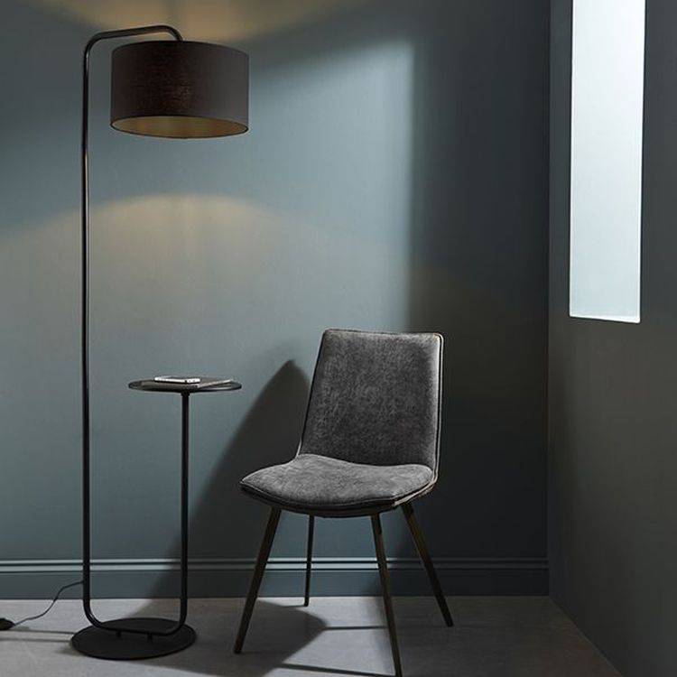 Rhone Floor Lamp &  Shade Satin Black Paint & Black Fabric - Comet Lighting