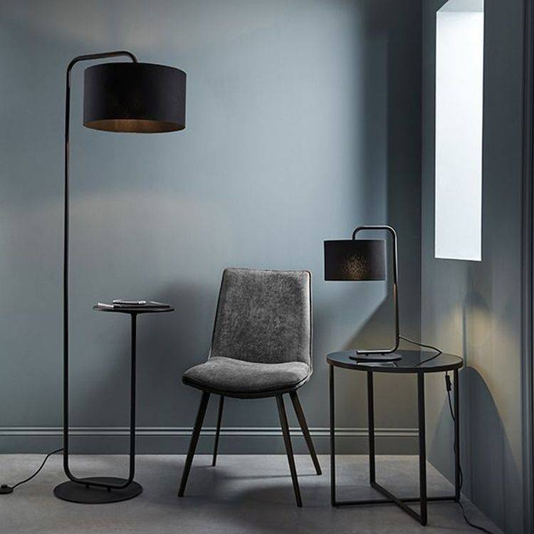 Rhone Floor Lamp &  Shade Satin Black Paint & Black Fabric - Comet Lighting