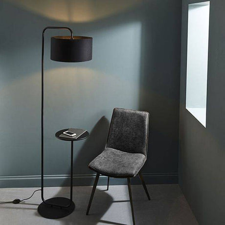 Rhone Floor Lamp & Shade Satin Black Paint & Black Fabric - Comet Lighting