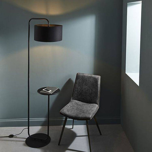 Rhone Floor Lamp & Shade Satin Black Paint & Black Fabric - Comet Lighting