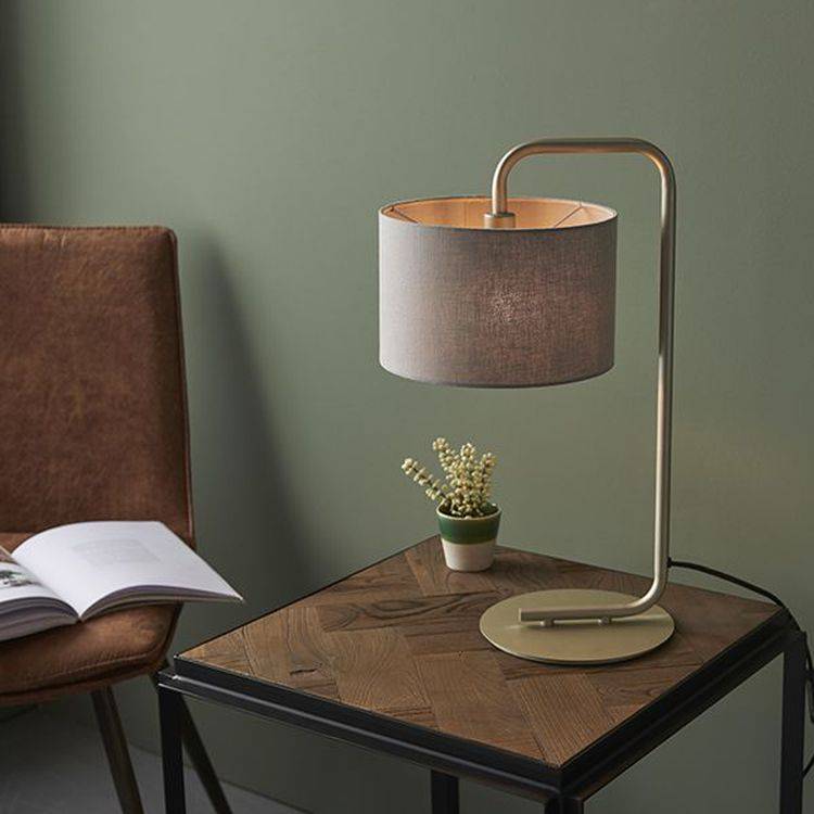 Rhone Table Lamp Satin Champagne Paint & Slate Grey Fabric - Comet Lighting