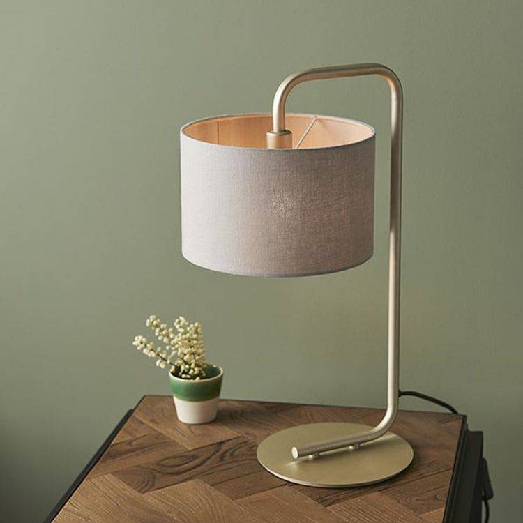 Rhone Table Lamp Satin Champagne Paint & Slate Grey Fabric - Comet Lighting