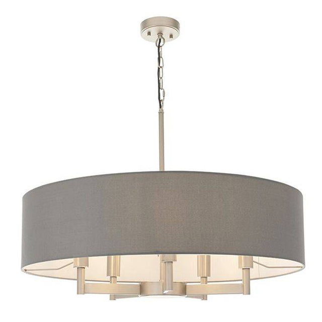 Severn 5Lt Pendant Ceiling Light Matt Nickel Plate & Grey Fabric - Comet Lighting