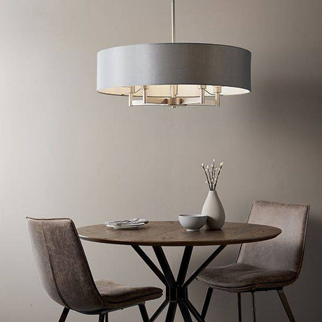 Severn 5Lt Pendant Ceiling Light Matt Nickel Plate & Grey Fabric - Comet Lighting