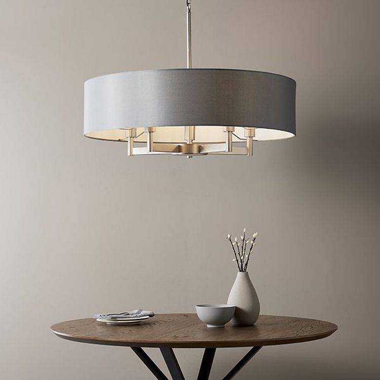 Severn 5Lt Pendant Ceiling Light Matt Nickel Plate & Grey Fabric - Comet Lighting