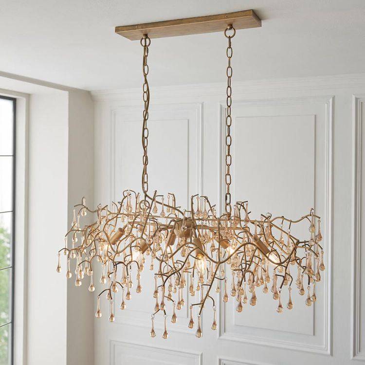 Spey Linear Chandelier Aged Gold w/ Glass Droplets - Comet Lighting