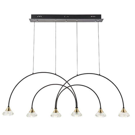 Tamar 6Lt LED Pendant Bar Ceiling Light Matt Black & Brushed Brass Finish With Clear Crystal - Comet Lighting