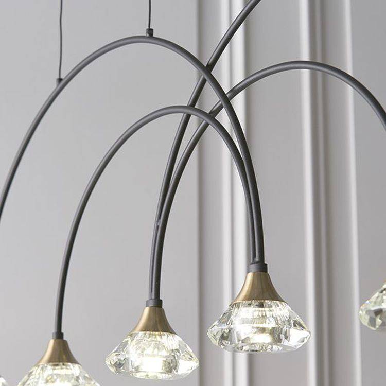 Tamar 6Lt LED Pendant Bar Ceiling Light Matt Black & Brushed Brass Finish With Clear Crystal - Comet Lighting