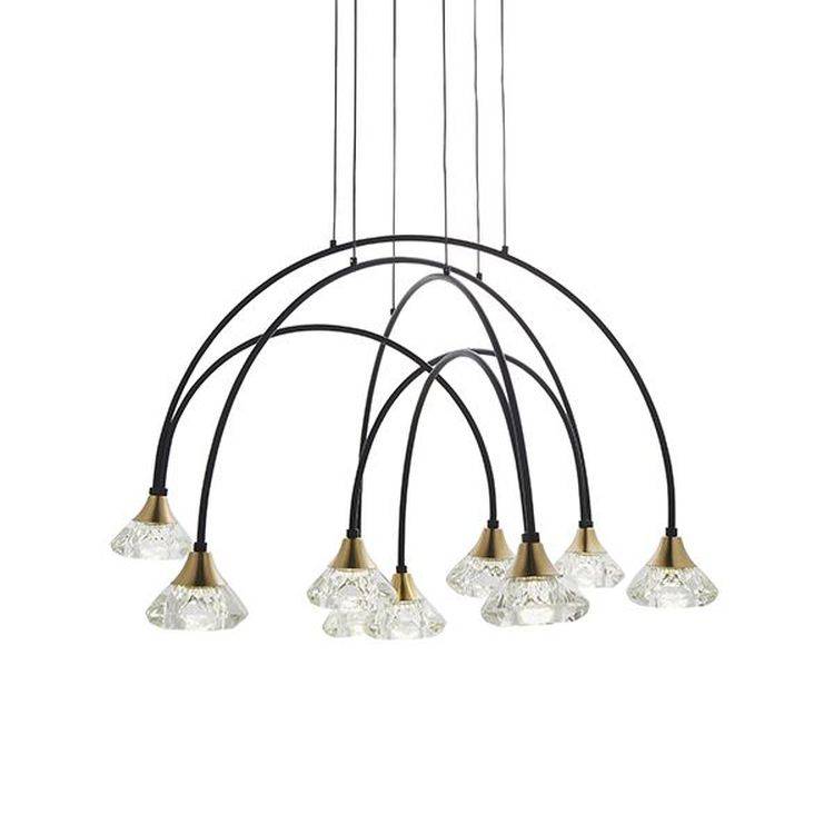 Tamar 9Lt LED Pendant Ceiling Light Matt Black & Brushed Brass Finish With Clear Crystal - Comet Lighting