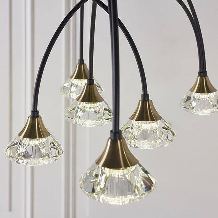 Tamar 9Lt LED Pendant Ceiling Light Matt Black & Brushed Brass Finish With Clear Crystal - Comet Lighting