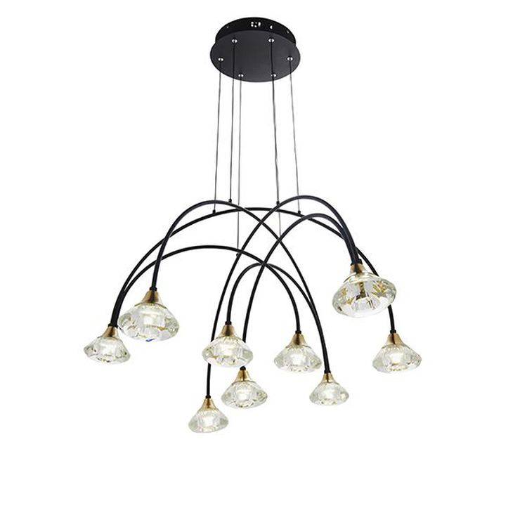 Tamar 9Lt LED Pendant Ceiling Light Matt Black & Brushed Brass Finish With Clear Crystal - Comet Lighting