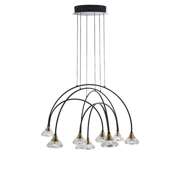 Tamar 9Lt LED Pendant Ceiling Light Matt Black & Brushed Brass Finish With Clear Crystal - Comet Lighting