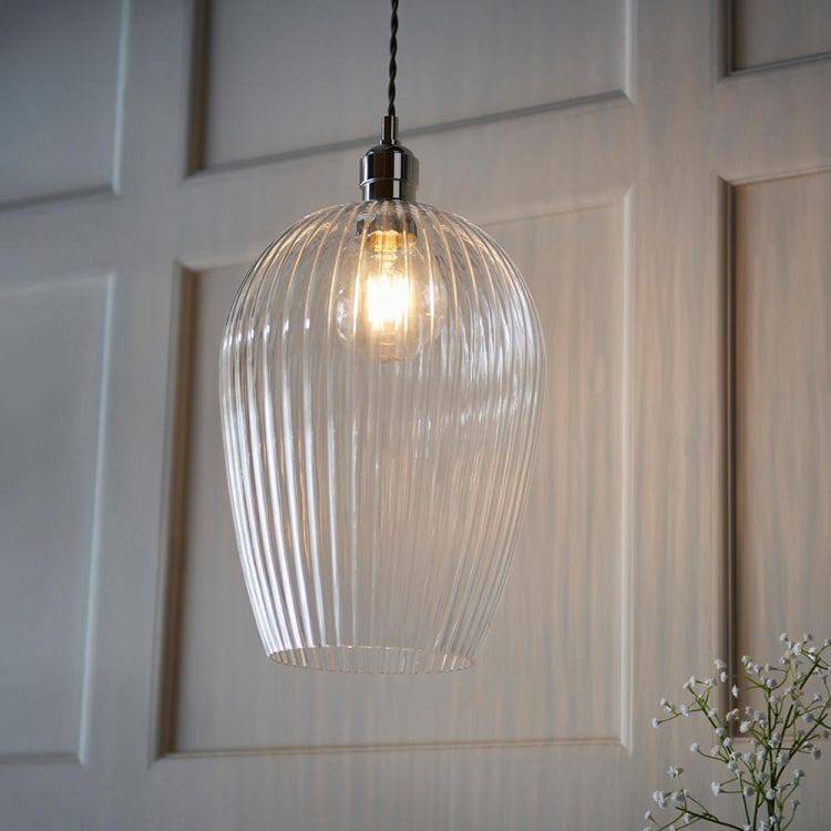 Terek Large Pendant Ceiling Light Bright Nickel w/ Clear Ribbed Glass - Comet Lighting