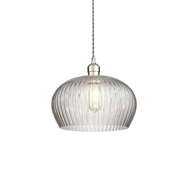 Terek Medium Pendant Ceiling Light Bright Nickel w/ Clear Ribbed Glass - Comet Lighting