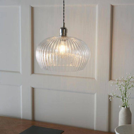 Terek Medium Pendant Ceiling Light Bright Nickel w/ Clear Ribbed Glass - Comet Lighting