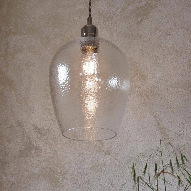 Terek Pendant Ceiling Light Bright Nickel w/ Clear Hammered Glass - Comet Lighting