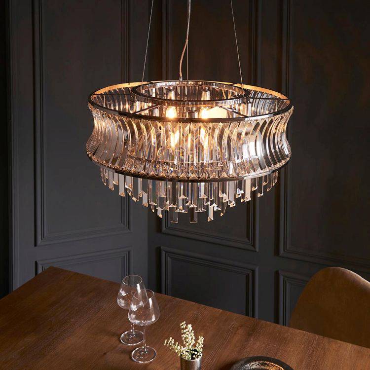 Tirso 9Lt Tiered Chandelier Bright Nickel w/ Concave Clear Glass - Comet Lighting