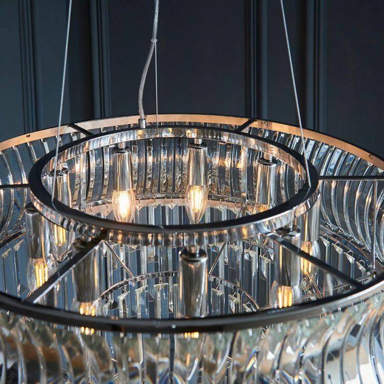 Tirso 9Lt Tiered Chandelier Bright Nickel w/ Concave Clear Glass - Comet Lighting