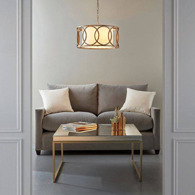 Trent 4Lt Pendant Ceiling Light Brushed Gold Paint & White Fabric - Comet Lighting