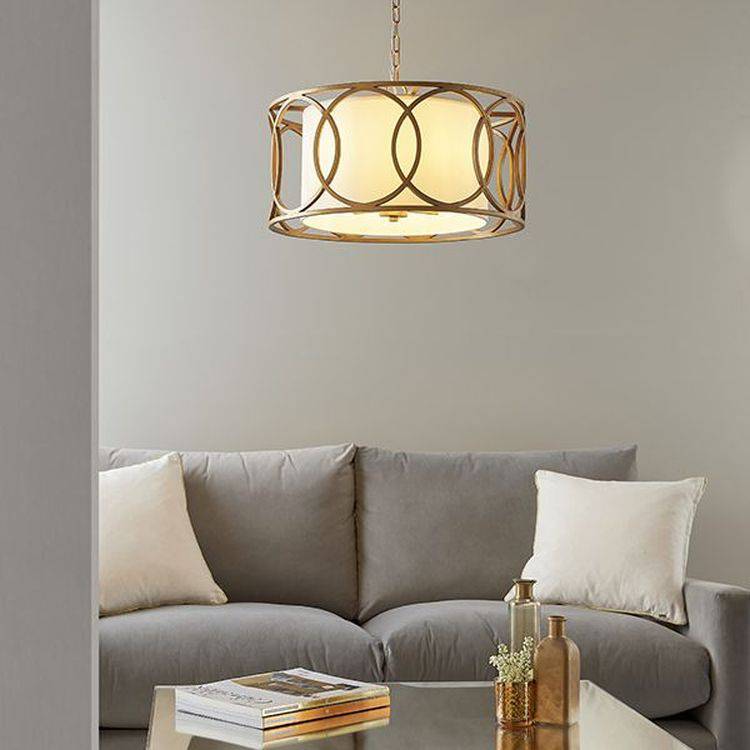 Trent 4Lt Pendant Ceiling Light Brushed Gold Paint & White Fabric - Comet Lighting