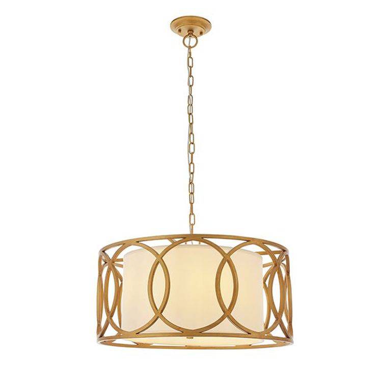 Trent 4Lt Pendant Ceiling Light Brushed Gold Paint & White Fabric - Comet Lighting