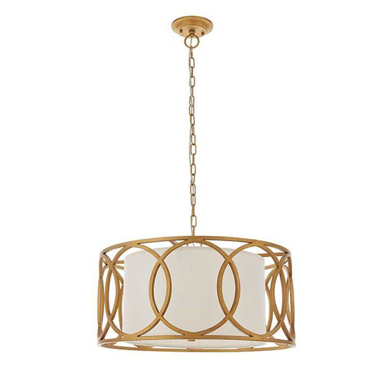 Trent 4Lt Pendant Ceiling Light Brushed Gold Paint & White Fabric - Comet Lighting