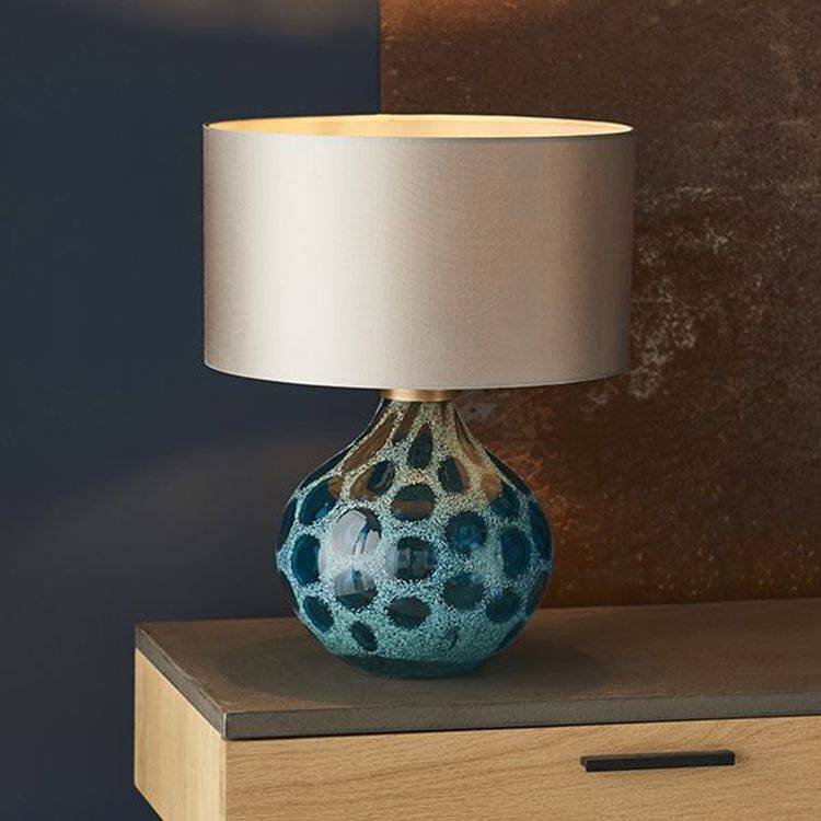 Welland Table Lamp (Base Only) Teal Artisan Glass & Matt Antique Brass Plate - Comet Lighting