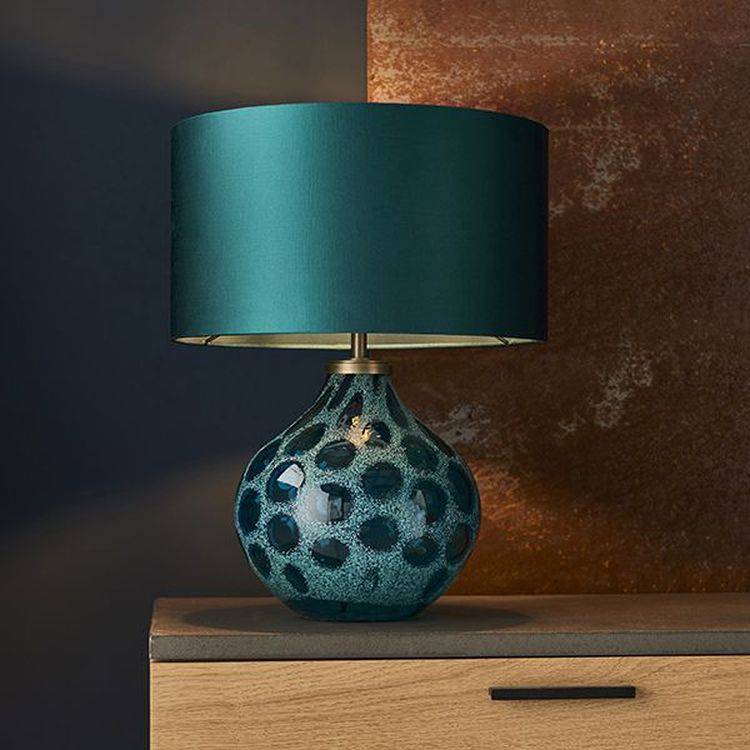 Welland Table Lamp (Base Only) Teal Artisan Glass & Matt Antique Brass Plate - Comet Lighting