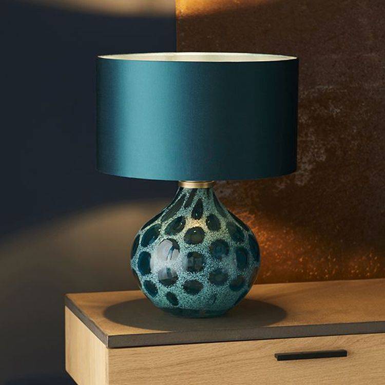 Welland Table Lamp (Base Only) Teal Artisan Glass & Matt Antique Brass Plate - Comet Lighting