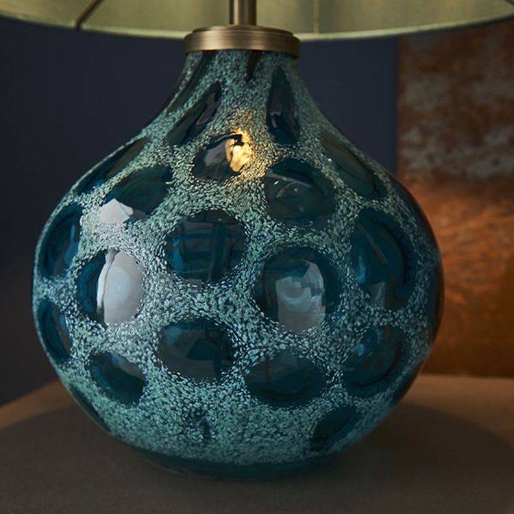 Welland Table Lamp (Base Only) Teal Artisan Glass & Matt Antique Brass Plate - Comet Lighting