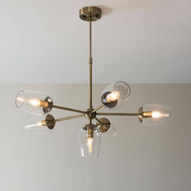 Wilmot 6Lt Pendant Ceiling Light Antique Brass w/ Clear Glass & Adjustable Stem - Comet Lighting