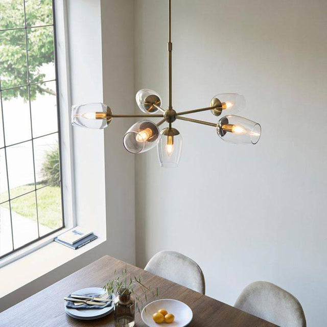 Wilmot 6Lt Pendant Ceiling Light Antique Brass w/ Clear Glass & Adjustable Stem - Comet Lighting