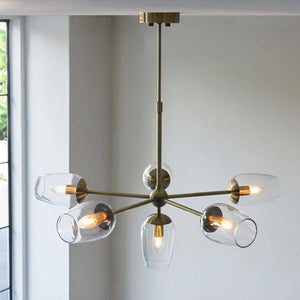 Wilmot 6Lt Pendant Ceiling Light Antique Brass w/ Clear Glass & Adjustable Stem - Comet Lighting