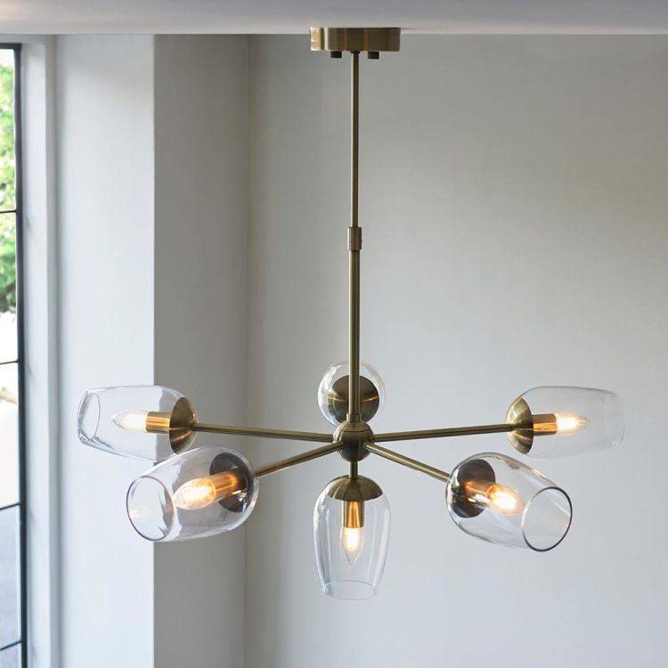 Wilmot 6Lt Pendant Ceiling Light Antique Brass w/ Clear Glass & Adjustable Stem - Comet Lighting