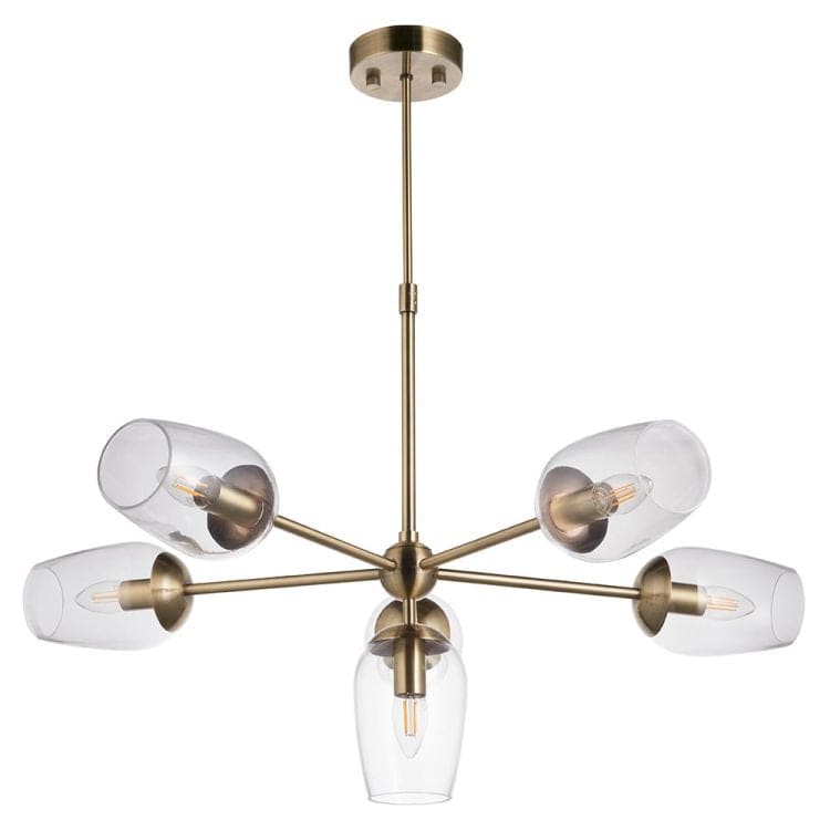 Wilmot 6Lt Pendant Ceiling Light Antique Brass w/ Clear Glass & Adjustable Stem - Comet Lighting