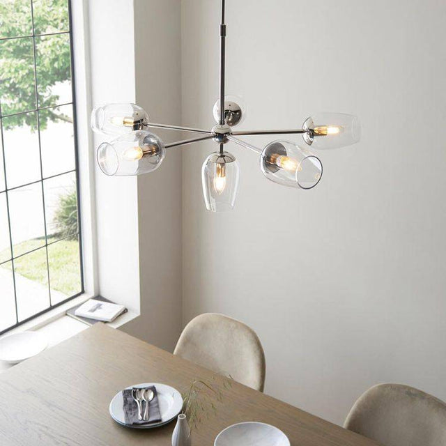 Wilmot 6Lt Pendant Ceiling Light Bright Nickel w/ Clear Glass & Adjustable Stem - Comet Lighting