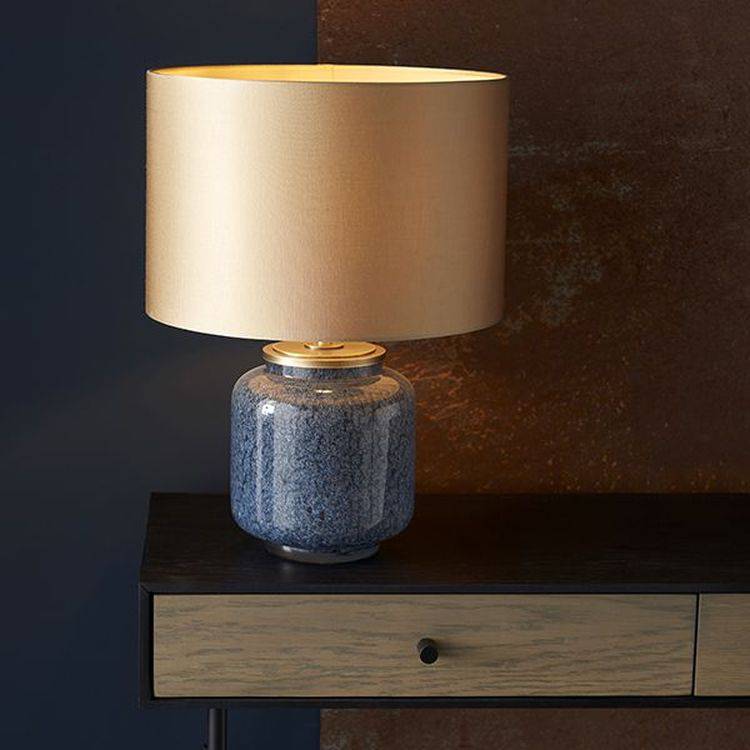 Wye Table Lamp Cobalt Glass & Gold Satin Fabric - Comet Lighting