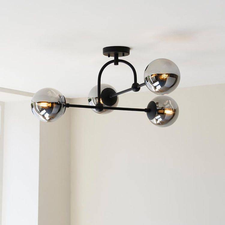 Yonne 4Lt Semi-Flush Ceiling Light Matt Black w/ Grey Tinted Glass - Comet Lighting