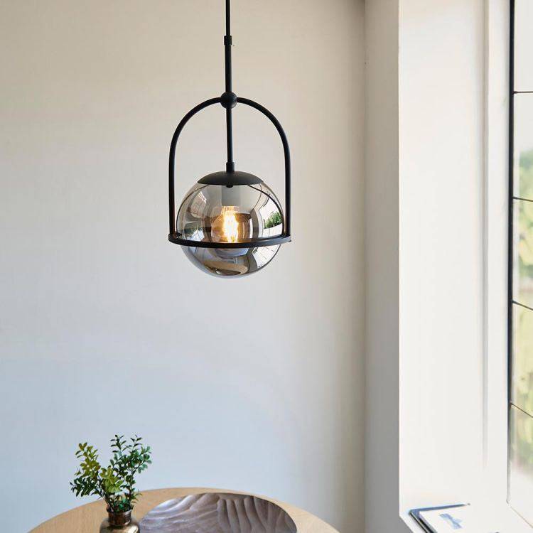 Yonne Pendant Ceiling Light Matt Black w/ Grey Tinted Glass - Comet Lighting