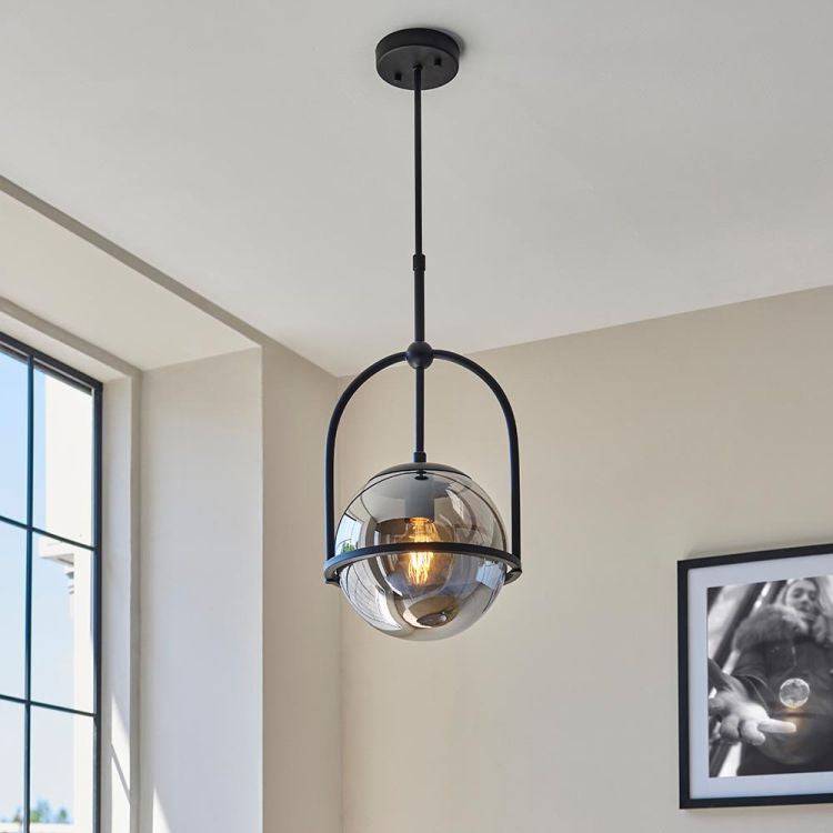 Yonne Pendant Ceiling Light Matt Black w/ Grey Tinted Glass - Comet Lighting