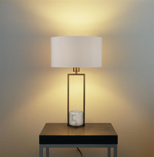Tableau Gold Table Lamp w/ White Marble Base & White Drum Shade - Comet Lighting